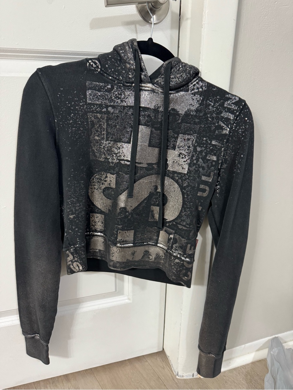 Diesel Black Cropped Graphic Hoodie with Metallic Print